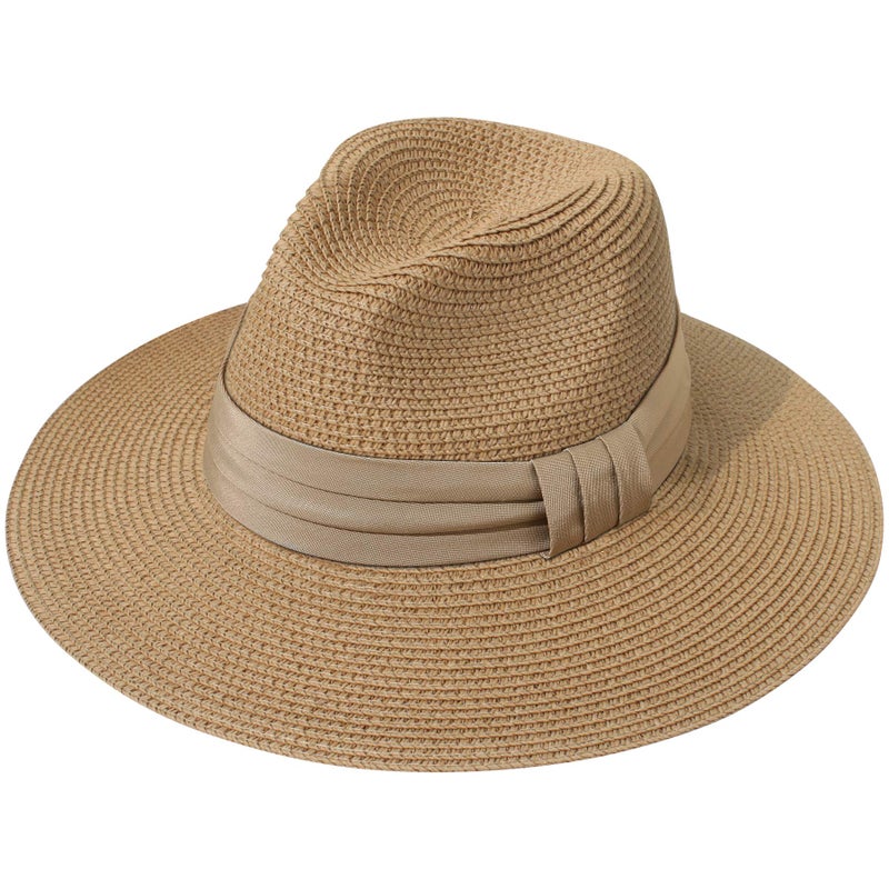 Lanzom Women Wide Brim Straw Panama Roll up Hat Fedora Beach Sun Hat UPF50+ (B-Brown) - Image 1